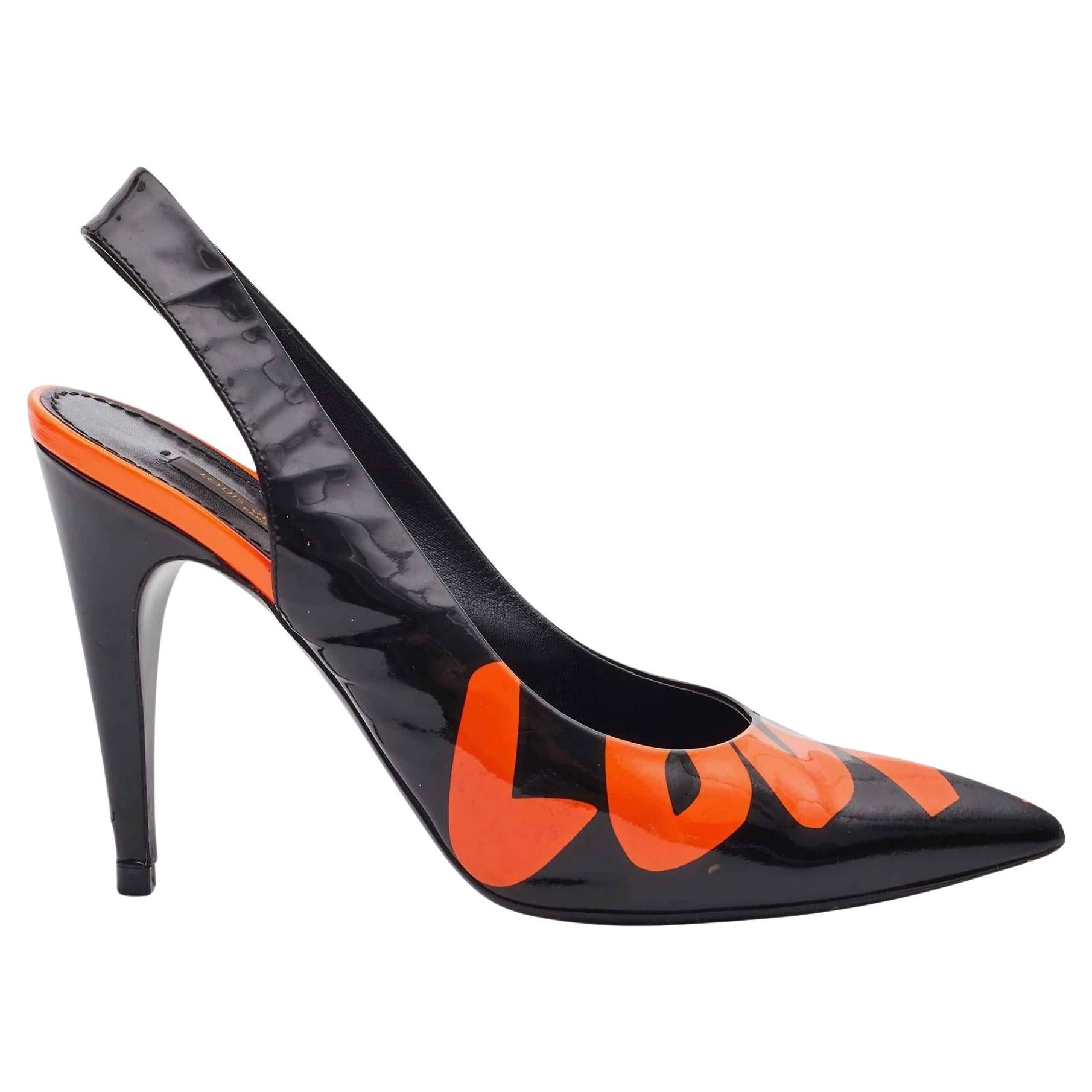 Louis Vuitton Patent Leather Orange Black Graffiti Slingback Heels For Sale