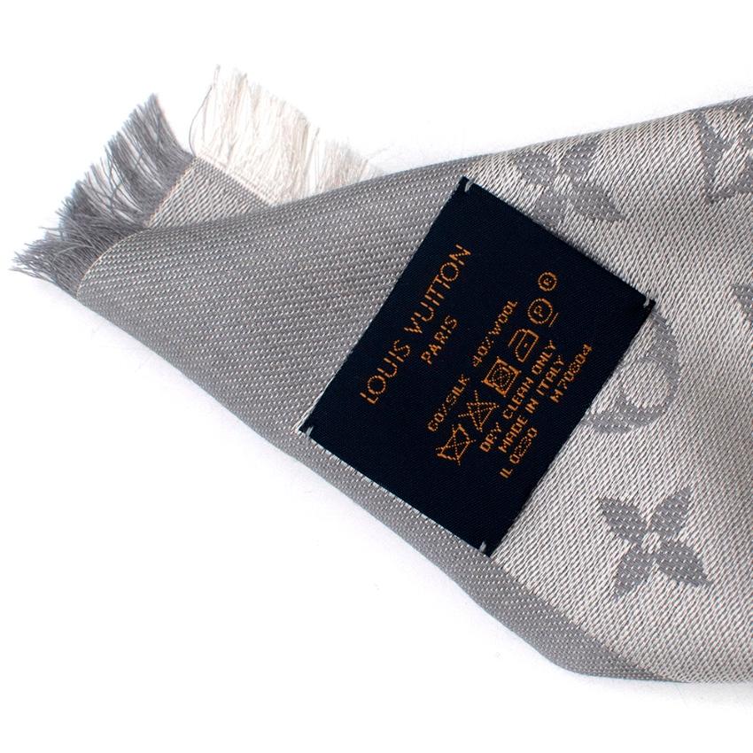Gray Louis Vuitton Pearl Grey Silk & Wool Blend Monogram Denim Shawl