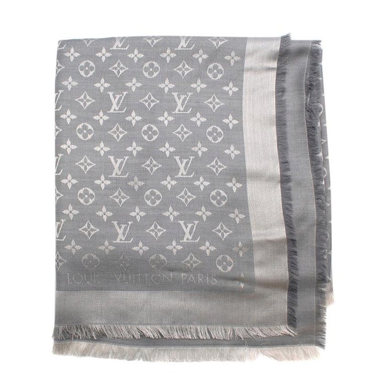 Louis Vuitton Pearl Grey Silk and Wool Blend Monogram Denim Shawl at 1stDibs