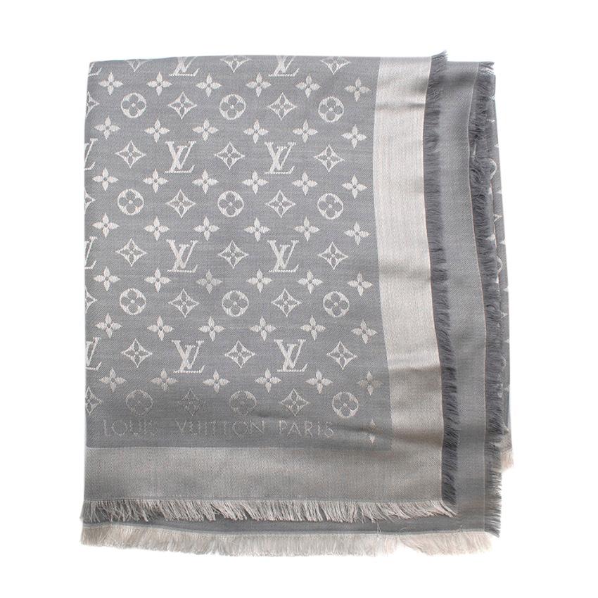 Women's or Men's Louis Vuitton Pearl Grey Silk & Wool Blend Monogram Denim Shawl