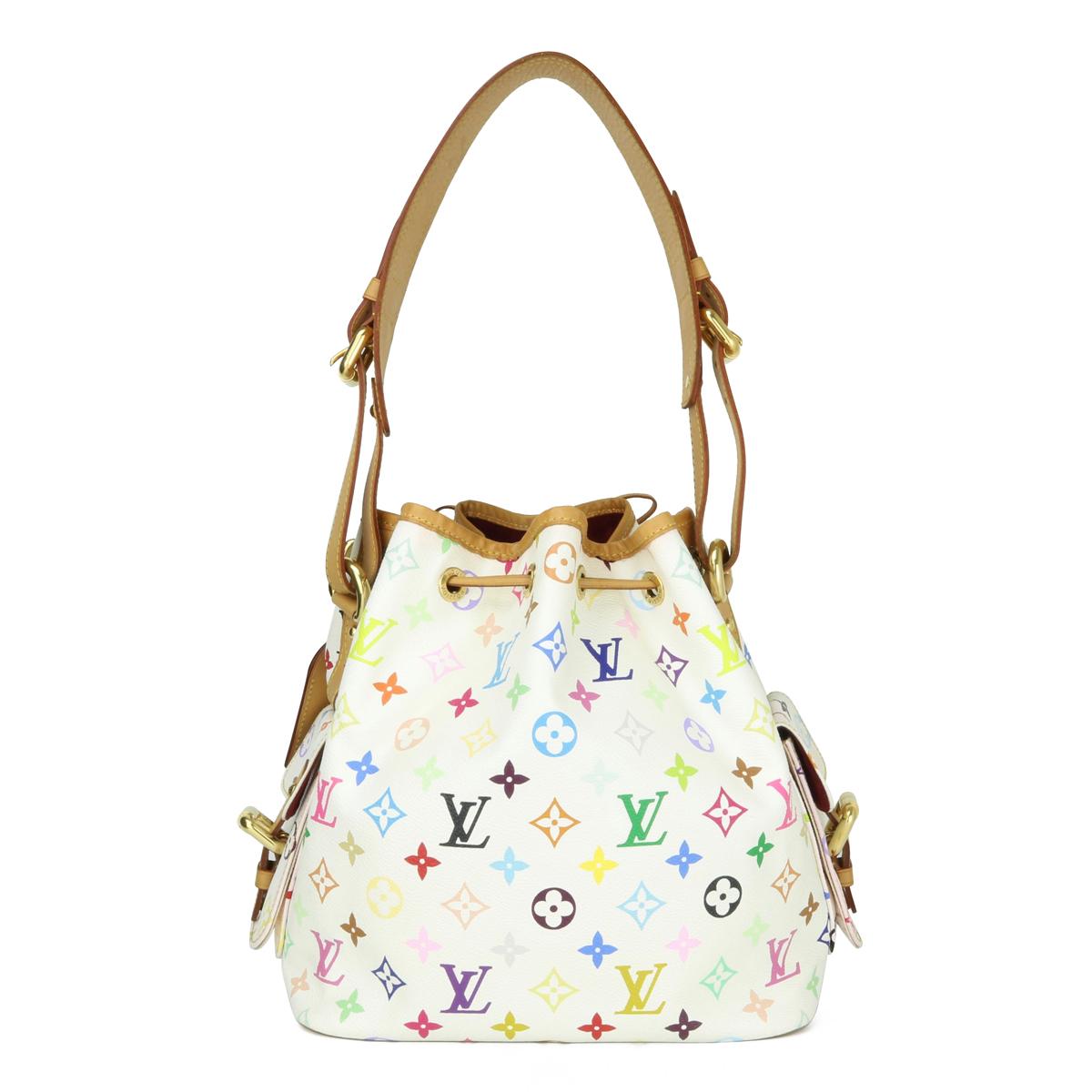 Louis Vuitton Petit Noé Bucket Bag in White Multicolore Monogram 2009.

This bag is in very good condition. It becomes more difficult to source one in this good condition since the Monogram Multicolor line was discontinued in 2015. 

- Exterior