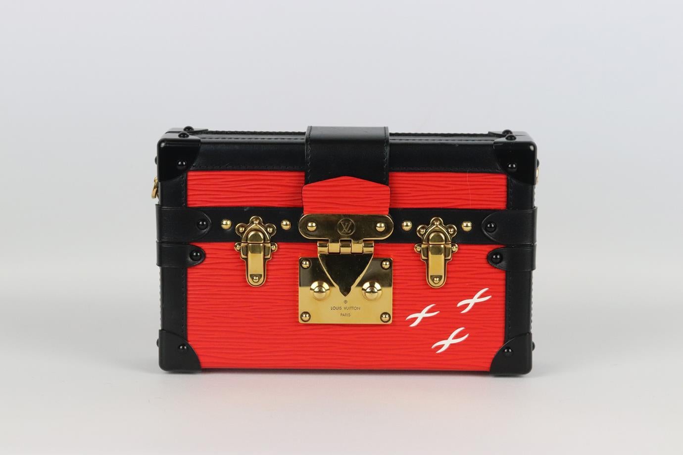 Louis Vuitton Petite Malle small epi leather clutch. Made from red, white and black epi leather with gold-tone hardware, it has a large internal compartment and shoulder strap. Black, red and white. Push lock fastening at front. Does not come with