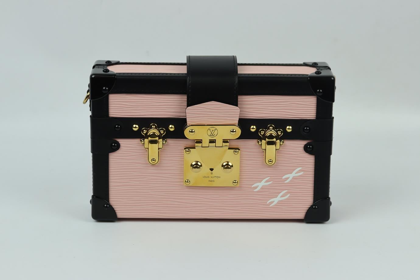 Louis Vuitton Petite Malle small epi leather clutch. Made from pink, white and black Epi leather with gold-tone hardware, it has a large internal compartment and shoulder strap. Pink, white and black. Push lock fastening at front. Does not come with