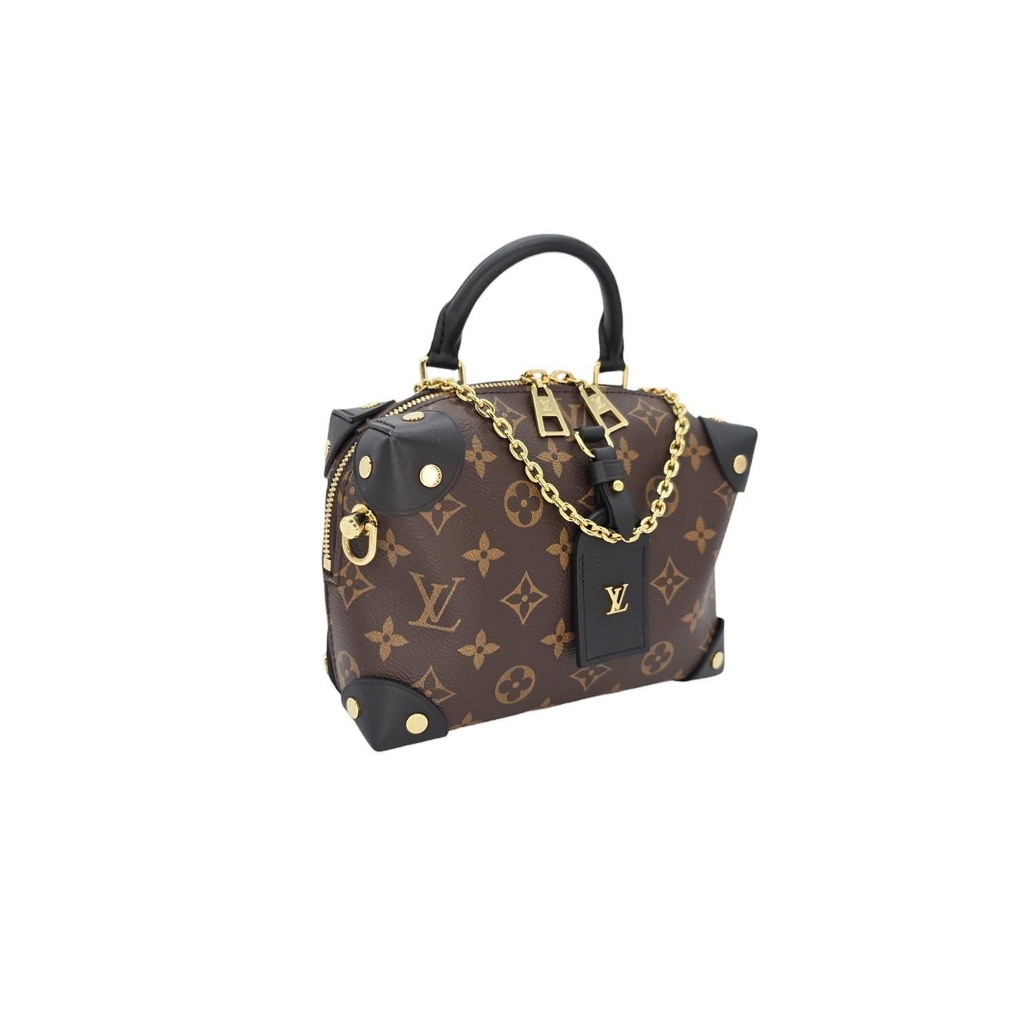 Elevate your style with the Louis Vuitton Petite Malle Souple. Crafted from high-quality Monogram coated canvas, this handbag features riveted leather corners and a leather name tag, paying homage to the brand's trunk-making heritage. The gold-tone