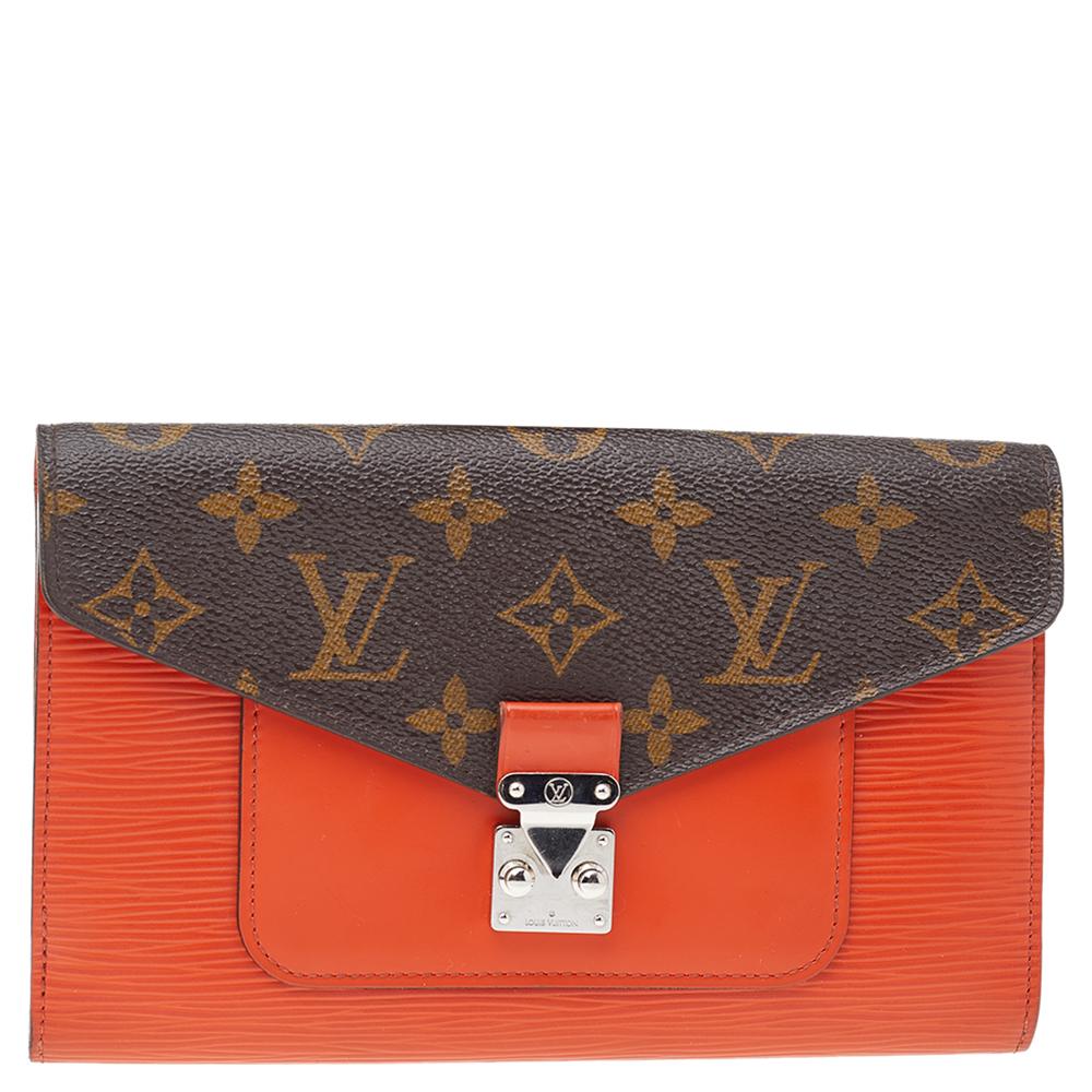 Flattering in a contemporary design is this Marie rose clutch from Louis Vuitton. This orange clutch is made of Epi leather and coated monogram canvas. The front lock closure opens to currency compartments, multiple card slots, and a zip coin