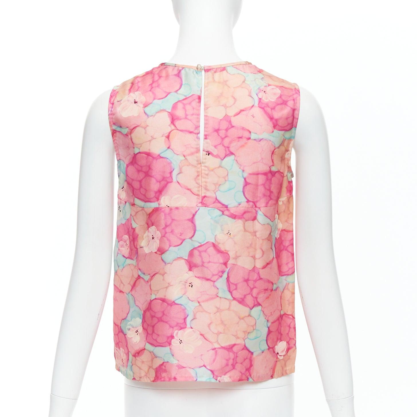 Women's LOUIS VUITTON pink 100% silk watercolour floral print sleeveless top FR34 XS