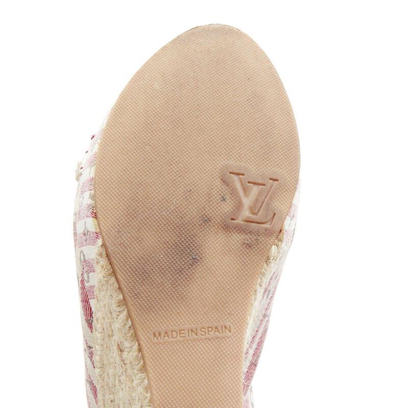 LOUIS VUITTON pink beige striped monogram jute espadrille wedge platform EU36.5 6
