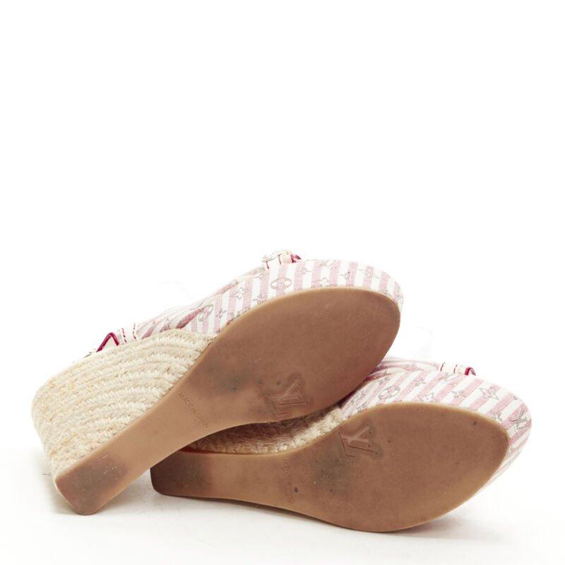 LOUIS VUITTON pink beige striped monogram jute espadrille wedge platform EU36.5 7