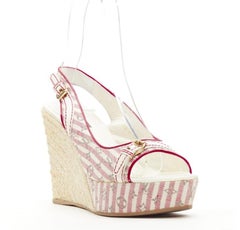 LOUIS VUITTON pink beige striped monogram jute espadrille wedge platform EU36.5