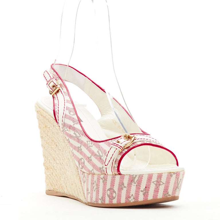 Pre-owned Louis Vuitton Pink/brown Monogram Canvas Sugar Pink Poppy  Espadrille Wedge Platform Ankle Strap Sandals Size 37