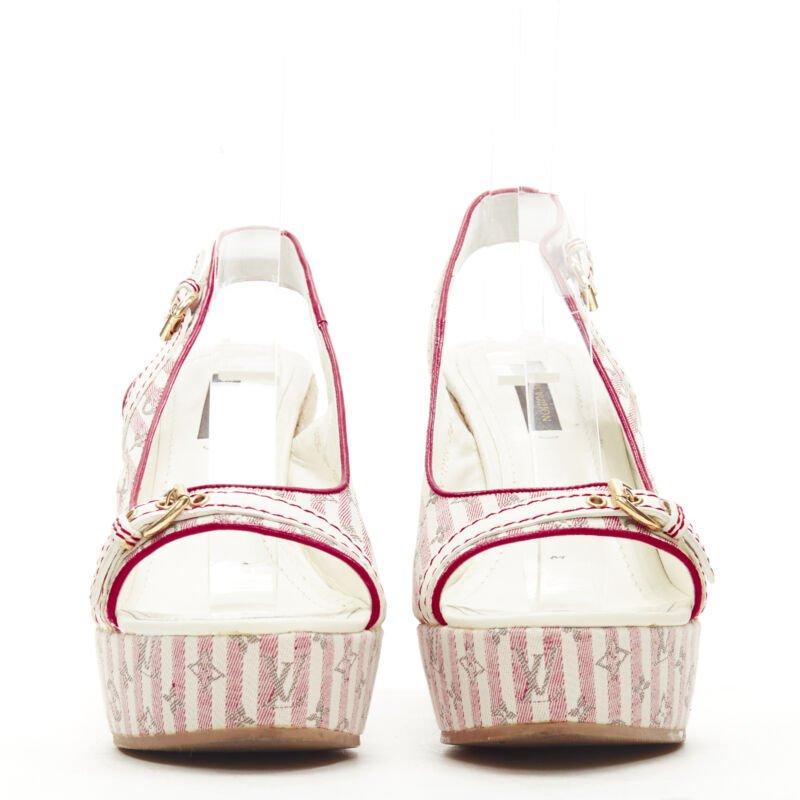 Beige LOUIS VUITTON pink beige striped monogram jute espadrille wedge platform EU36.5