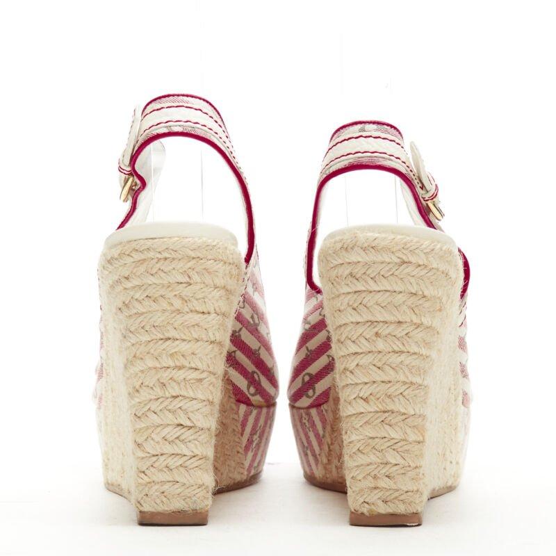 Women's LOUIS VUITTON pink beige striped monogram jute espadrille wedge platform EU36.5