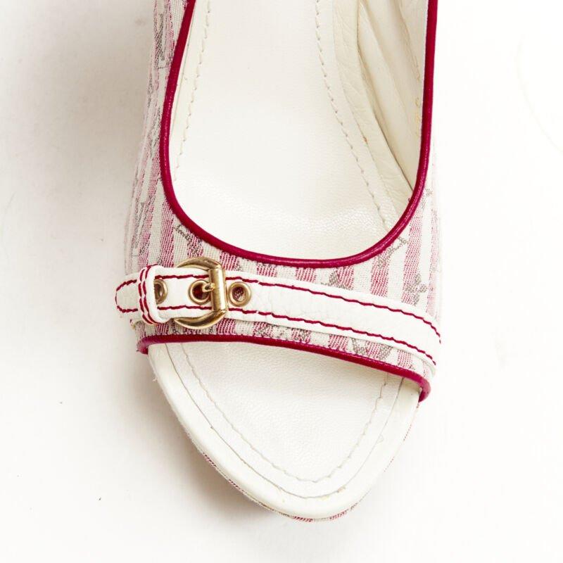LOUIS VUITTON pink beige striped monogram jute espadrille wedge platform EU36.5 1