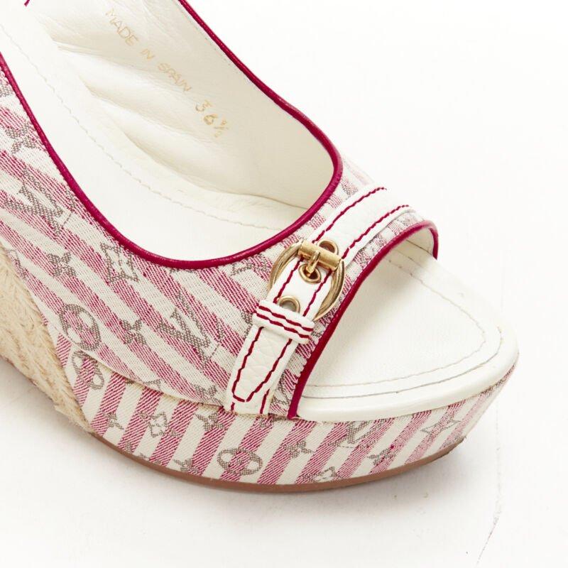 LOUIS VUITTON pink beige striped monogram jute espadrille wedge platform EU36.5 2