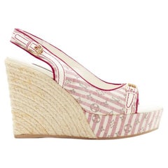 LOUIS VUITTON pink beige striped monogram jute espadrille wedge platform EU36.5
