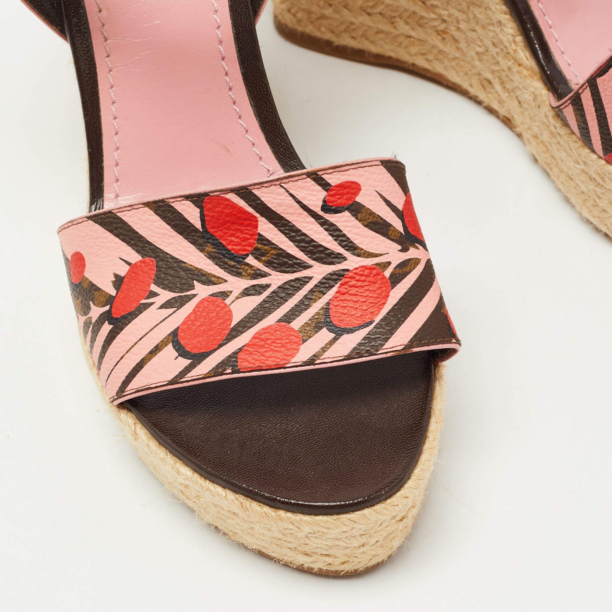 Louis Vuitton Pink/Brown Canvas Sugar Pink Poppy Espadrille Wedge Sandal Size 37 For Sale 1