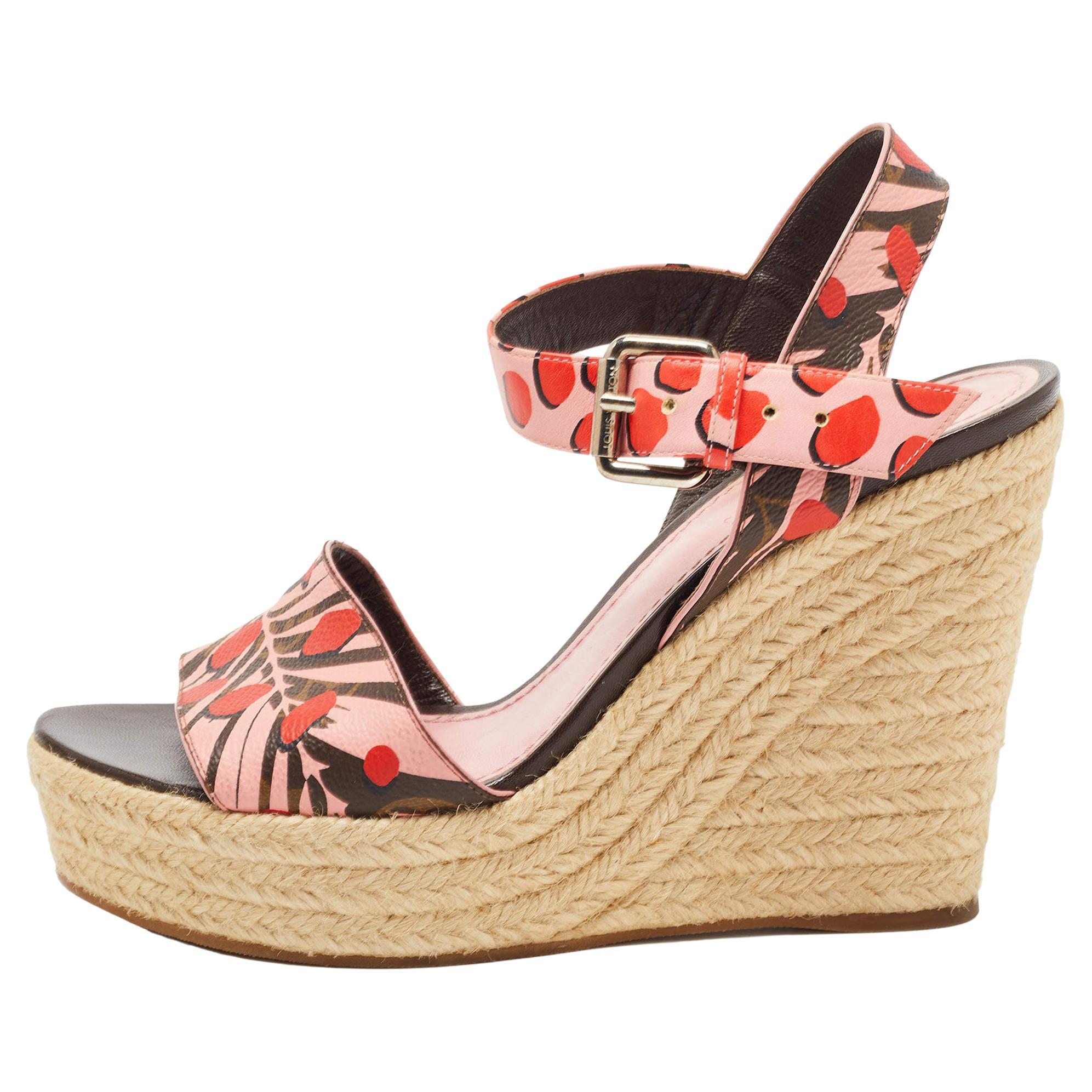 Louis Vuitton Pink/Brown Canvas Sugar Pink Poppy Espadrille Wedge Sandal Size 37 For Sale