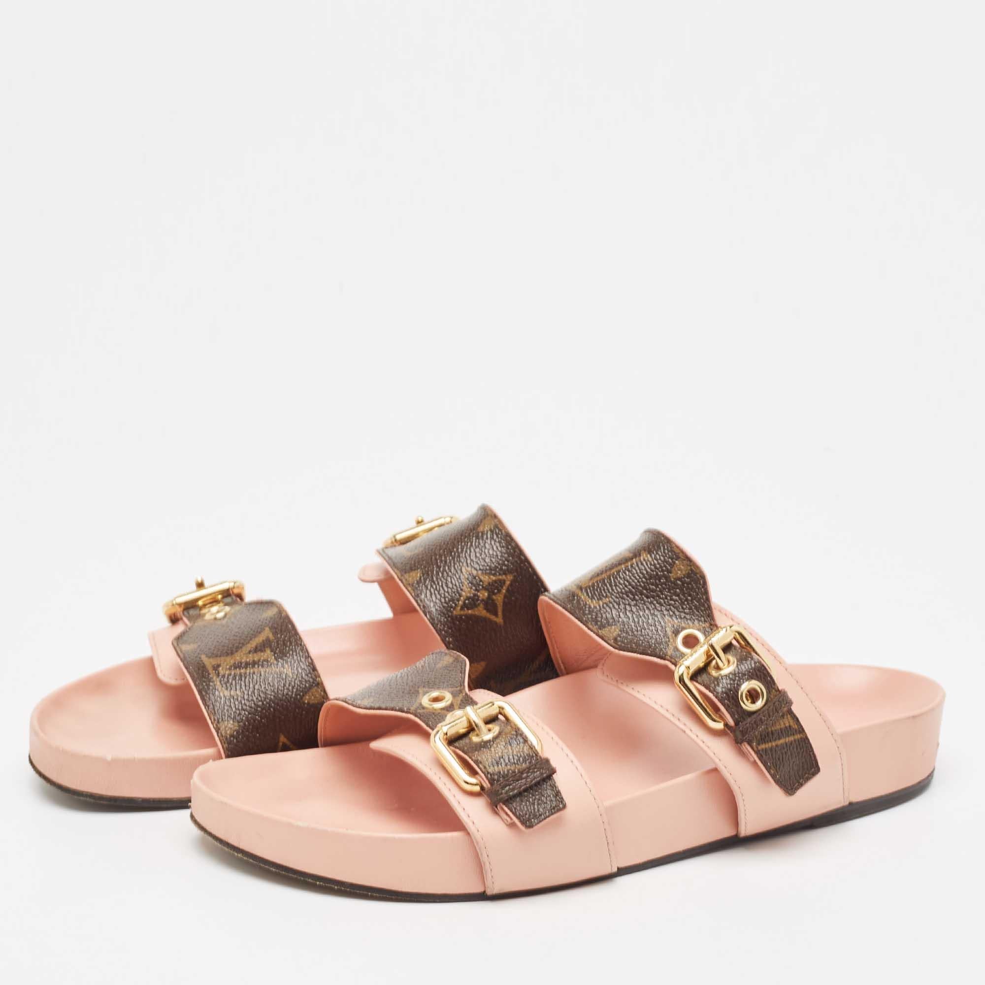 Louis Vuitton Pink/Brown Monogram Canvas and Leather Bom Dia Flat Slides Size 38 3