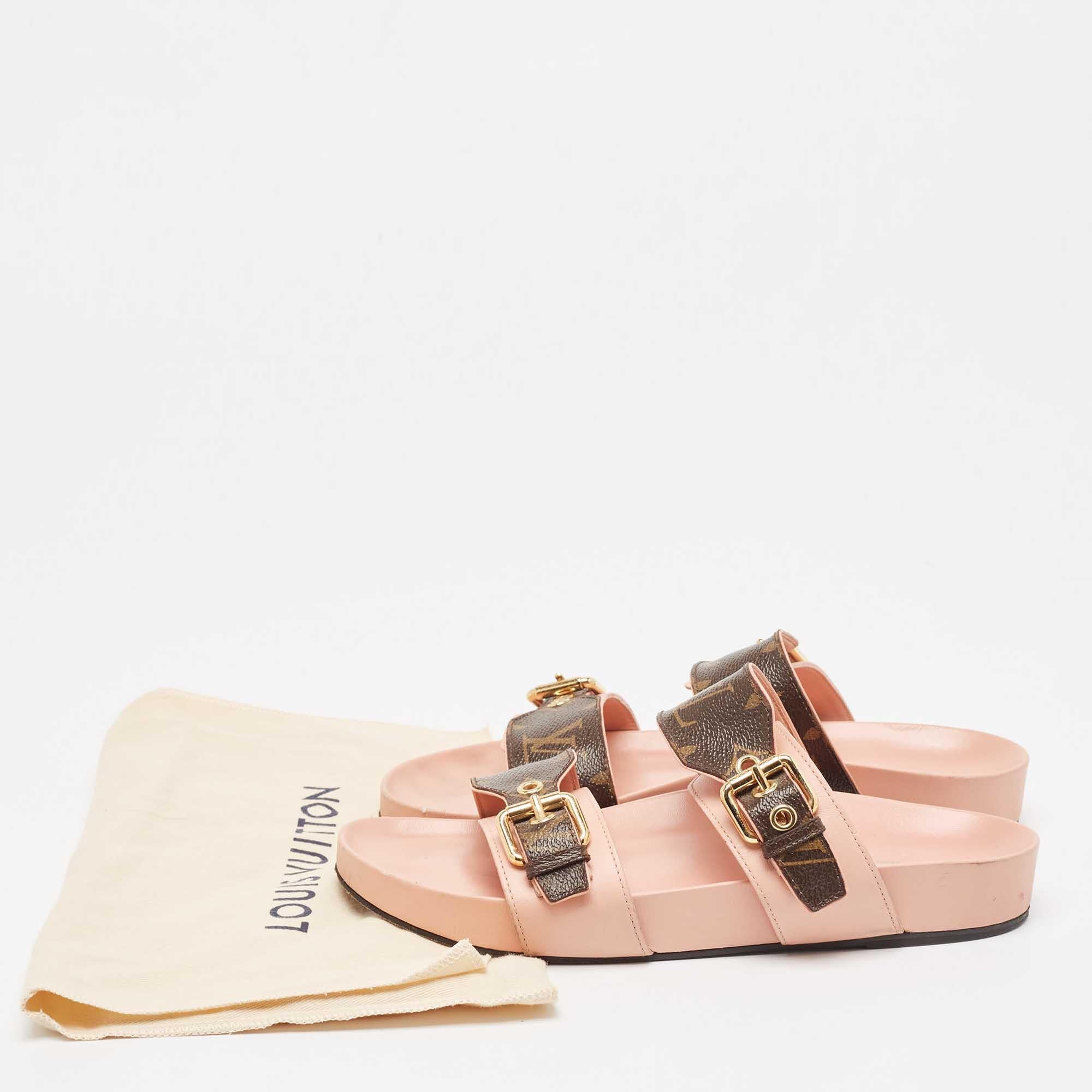 Louis Vuitton Pink/Brown Monogram Canvas and Leather Bom Dia Flat Slides Size 38 5