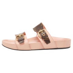 Used Louis Vuitton Pink/Brown Monogram Canvas and Leather Bom Dia Flat Slides Size 38