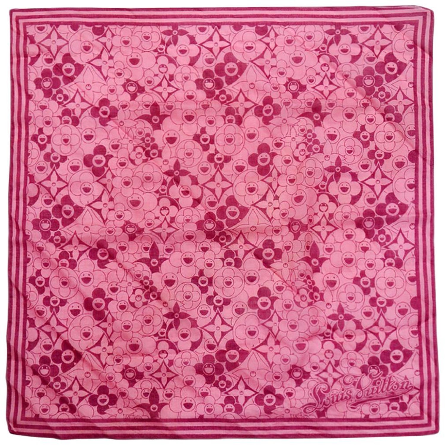 Preowned Authentic Louis Vuitton Takashi Murakami collaboration Panda Onion  Head Flower Hatman silk scarf Pink