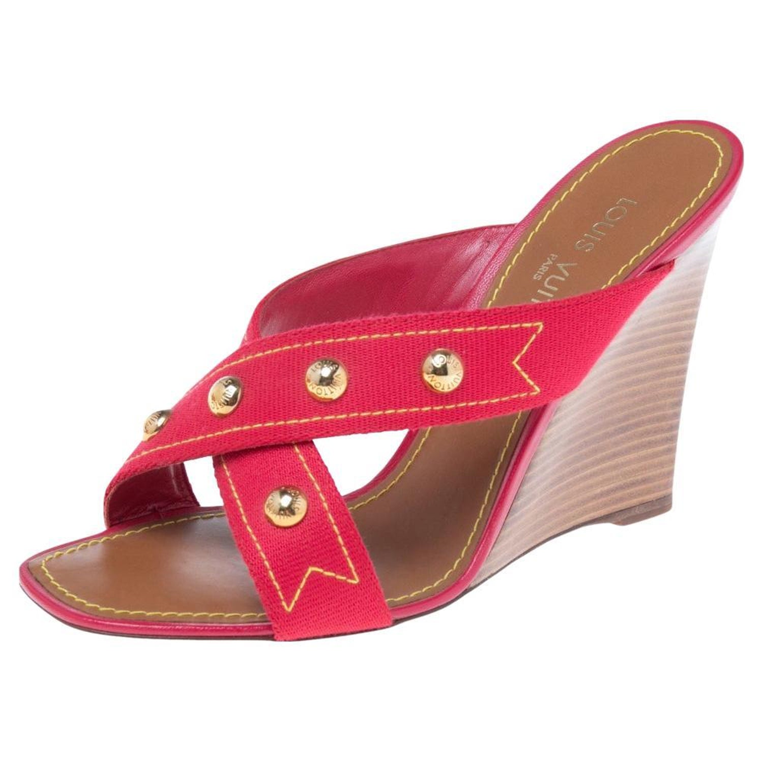 Louis Vuitton Pink Canvas Studded Wedge Cross Strap Sandals Size 41 For  Sale at 1stDibs