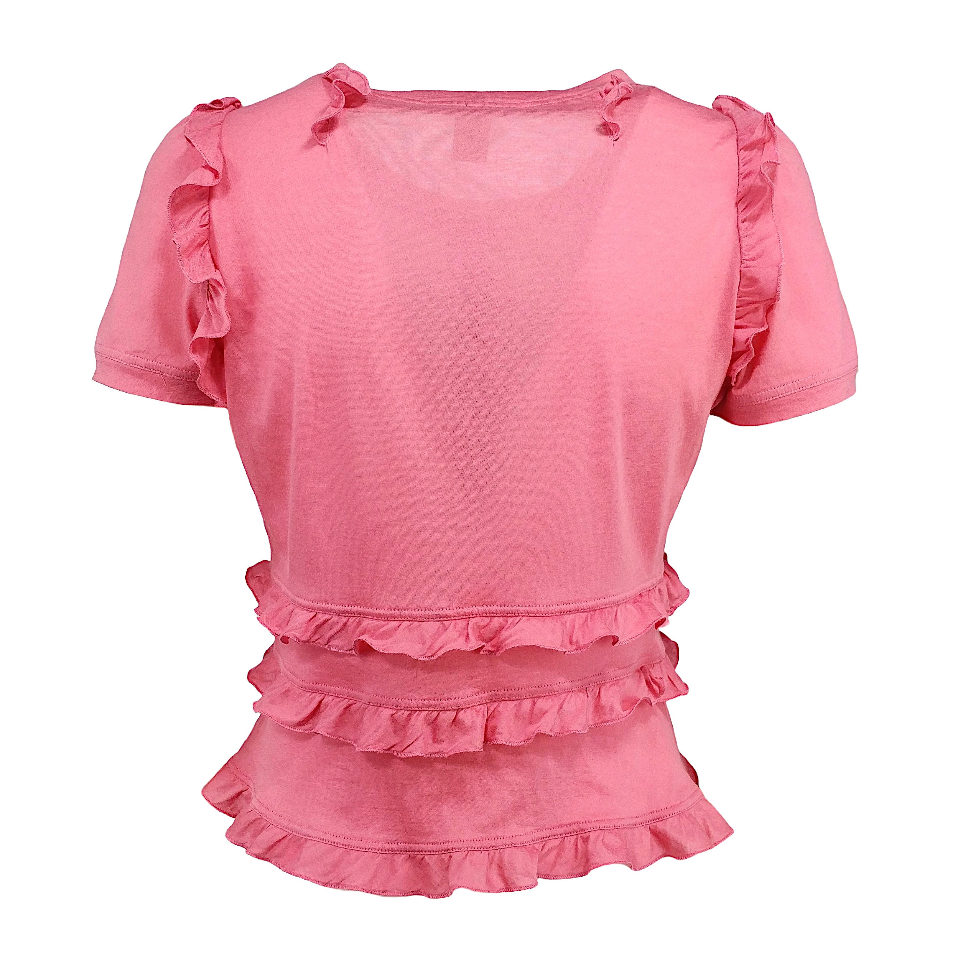 LOUIS VUITTON - Pink Cotton Top with Ruffles and Short Sleeves  Size M In Excellent Condition In Cuggiono, MI