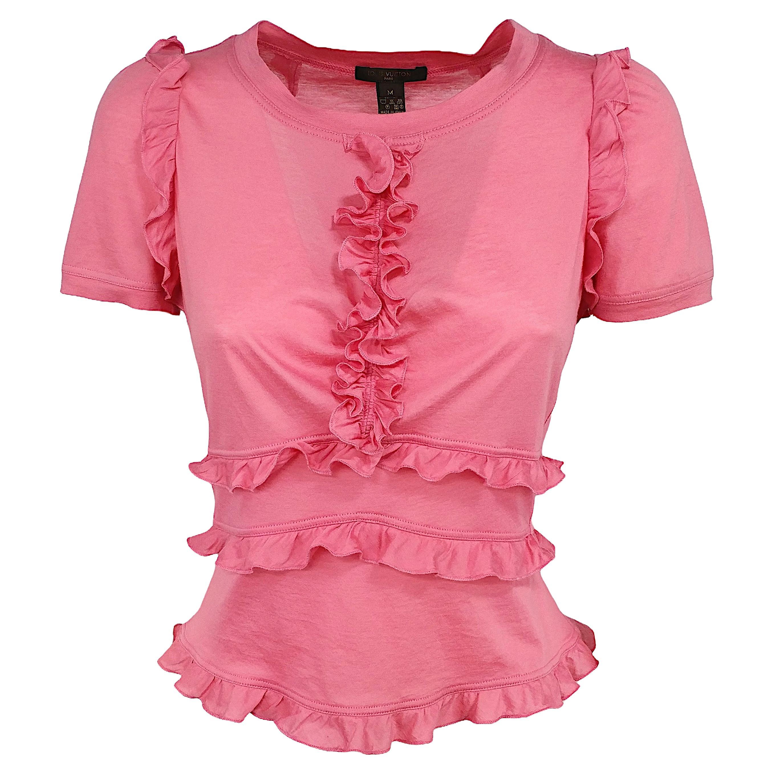 LOUIS VUITTON - Pink Cotton Top with Ruffles and Short Sleeves  Size M