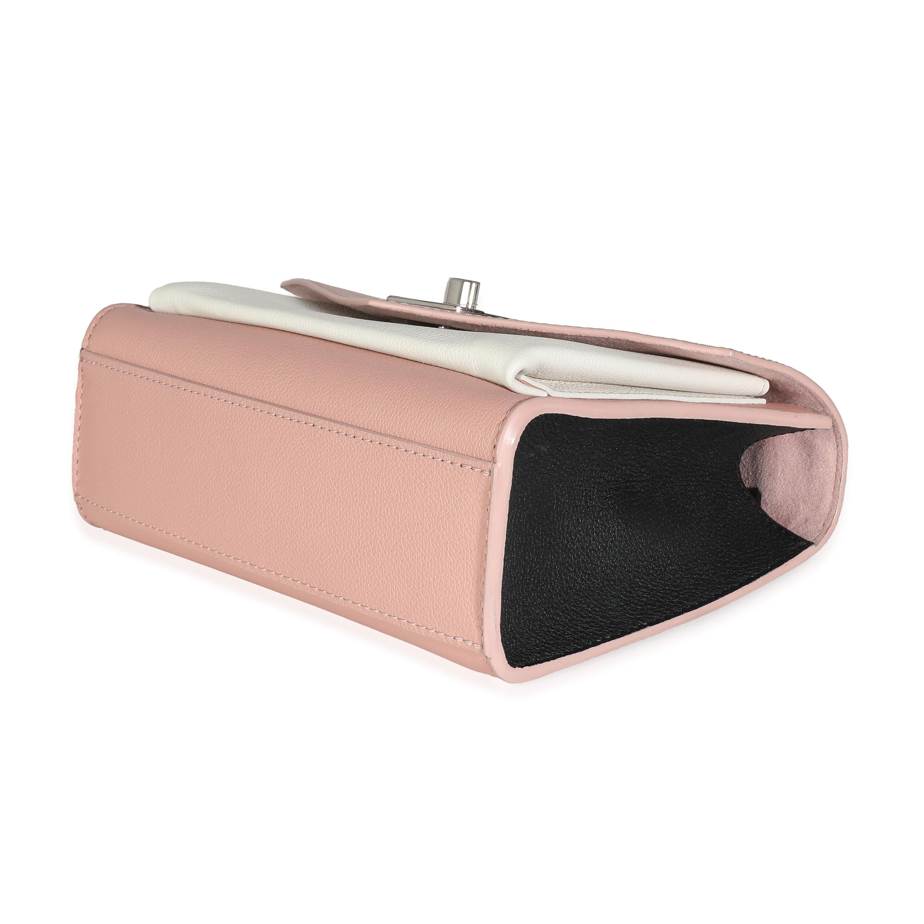 Listing Title: Louis Vuitton Pink Cream Tricolour Soft Calfskin MyLockme BB
SKU: 139367
MSRP: 2570.00 USD
Condition: Pre-owned 
Condition Description: The Lockme designs from Louis Vuitton get their name from the turn-lock closure that features on