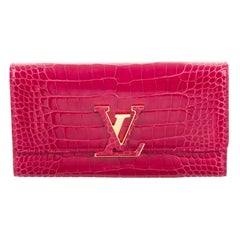 Louis Vuitton Pink Crocodile Exotic Leather Logo Charm Evening Clutch Wallet