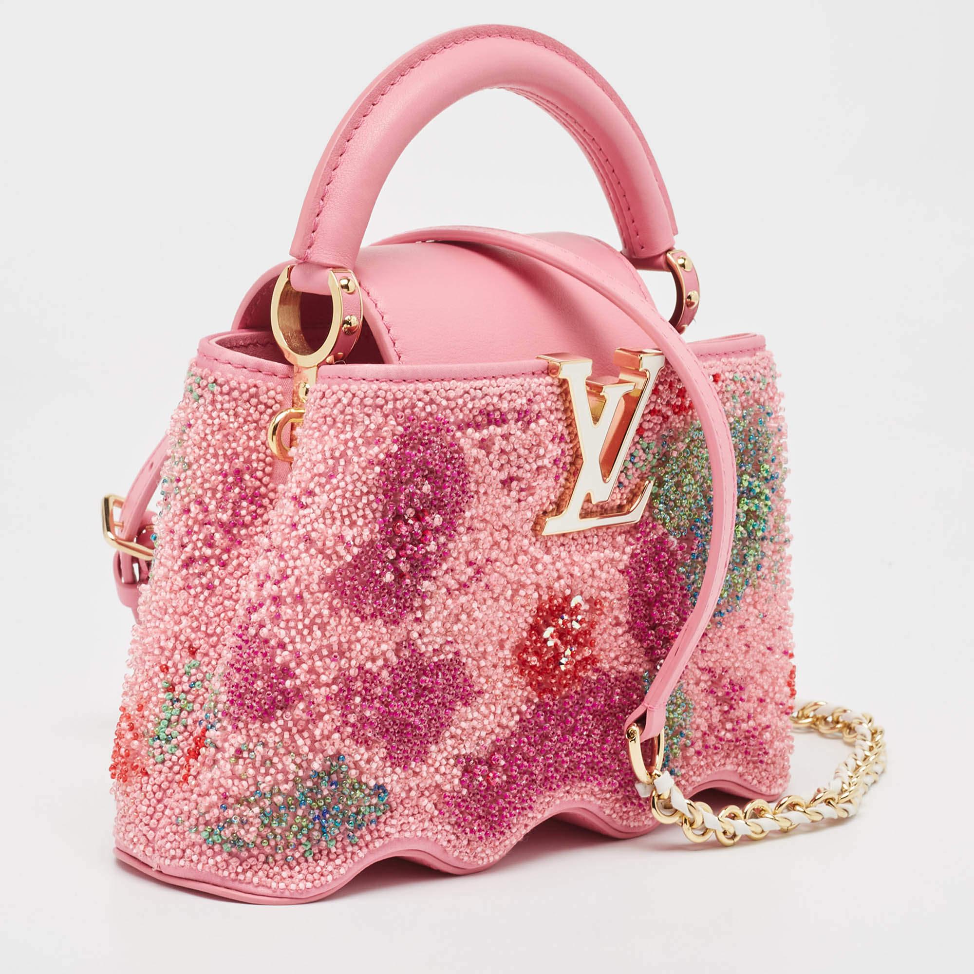 Louis Vuitton Pink Embroidered Satin Capucines Capushell Mini Bag In New Condition For Sale In Dubai, Al Qouz 2