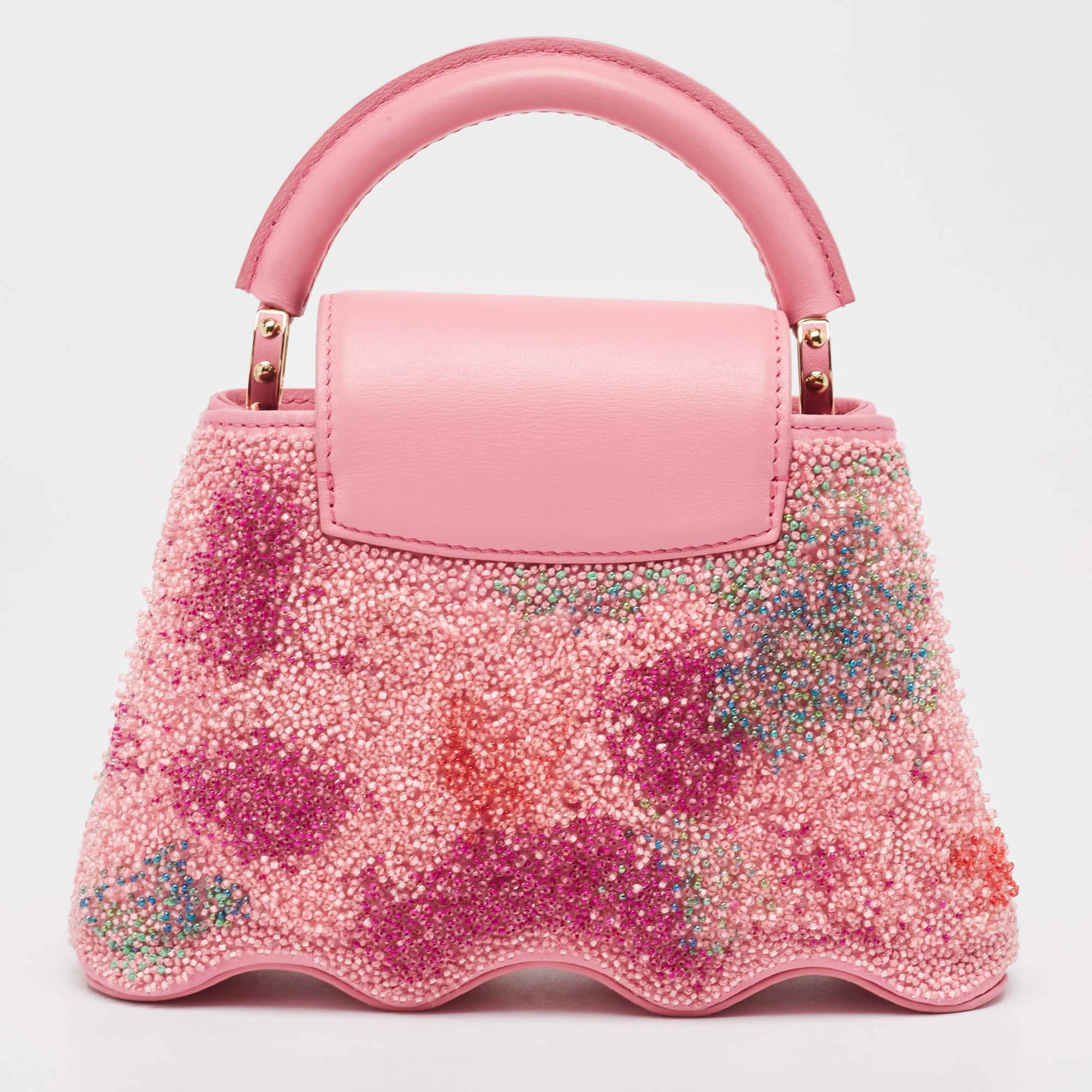 Women's Louis Vuitton Pink Embroidered Satin Capucines Capushell Mini Bag For Sale