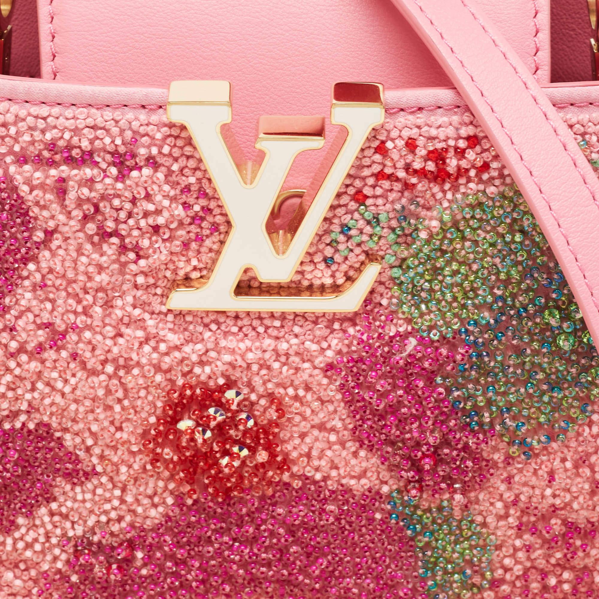Louis Vuitton Pink Embroidered Satin Capucines Capushell Mini Bag For Sale 1