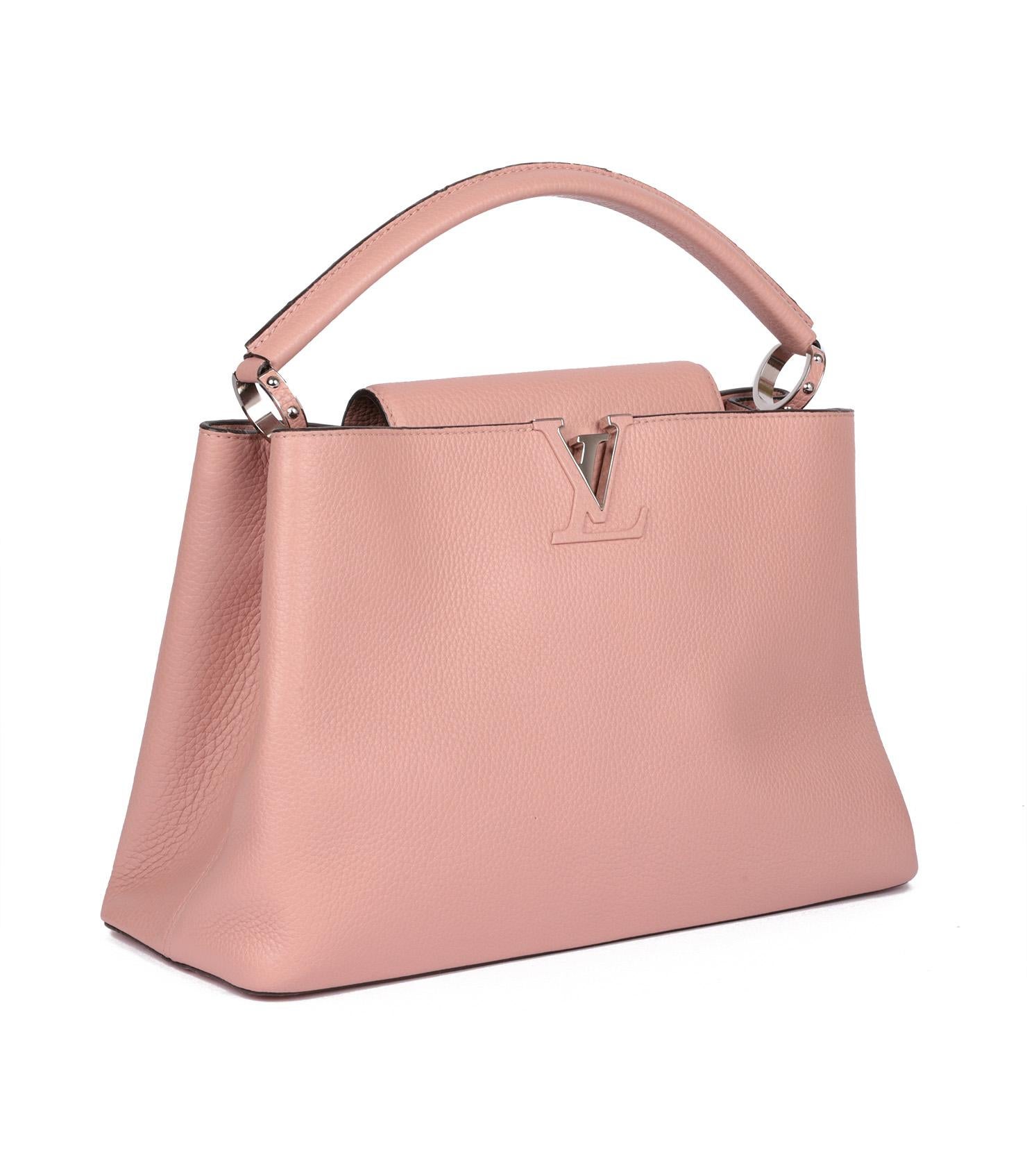 Louis Vuitton Pink Grained Calfskin Leather Capucines MM

Brand- Louis Vuitton
Model- Capucines MM
Product Type- Top Handle
Serial Number- TR****
Age- Circa 2013
Accompanied By- Louis Vuitton Dust Bag, Box
Colour- Pink
Hardware- Silver
Material(s)-