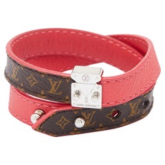Louis Vuitton Pink Leather & Brown Monogram Canvas Lockit Double Wrap Bracelet
