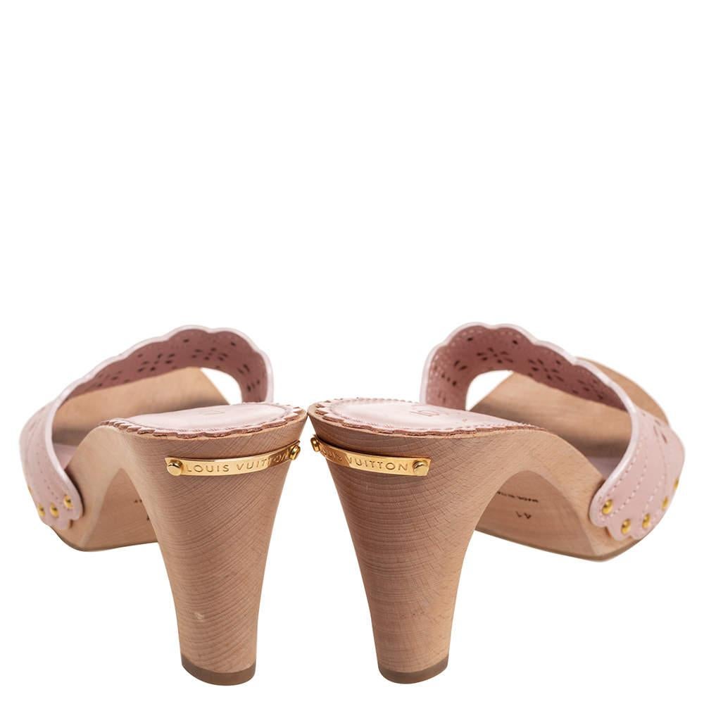 Women's Louis Vuitton Pink Leather Cut Out Wooden Slide Clogs Size 41