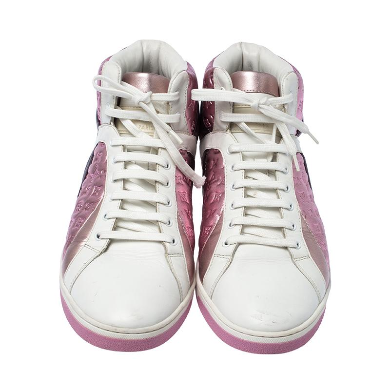 Gray Louis Vuitton Pink Metallic/White Monogram Leather Sydney High Top Sneakers Size