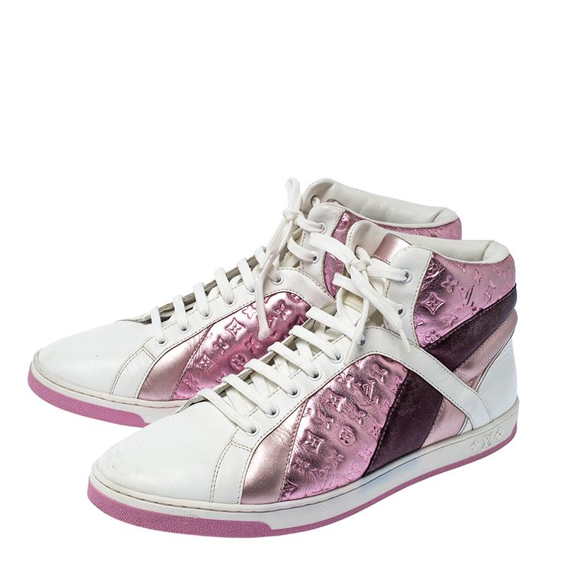 Louis Vuitton Pink Metallic/White Monogram Leather Sydney High Top Sneakers Size In Good Condition In Dubai, Al Qouz 2