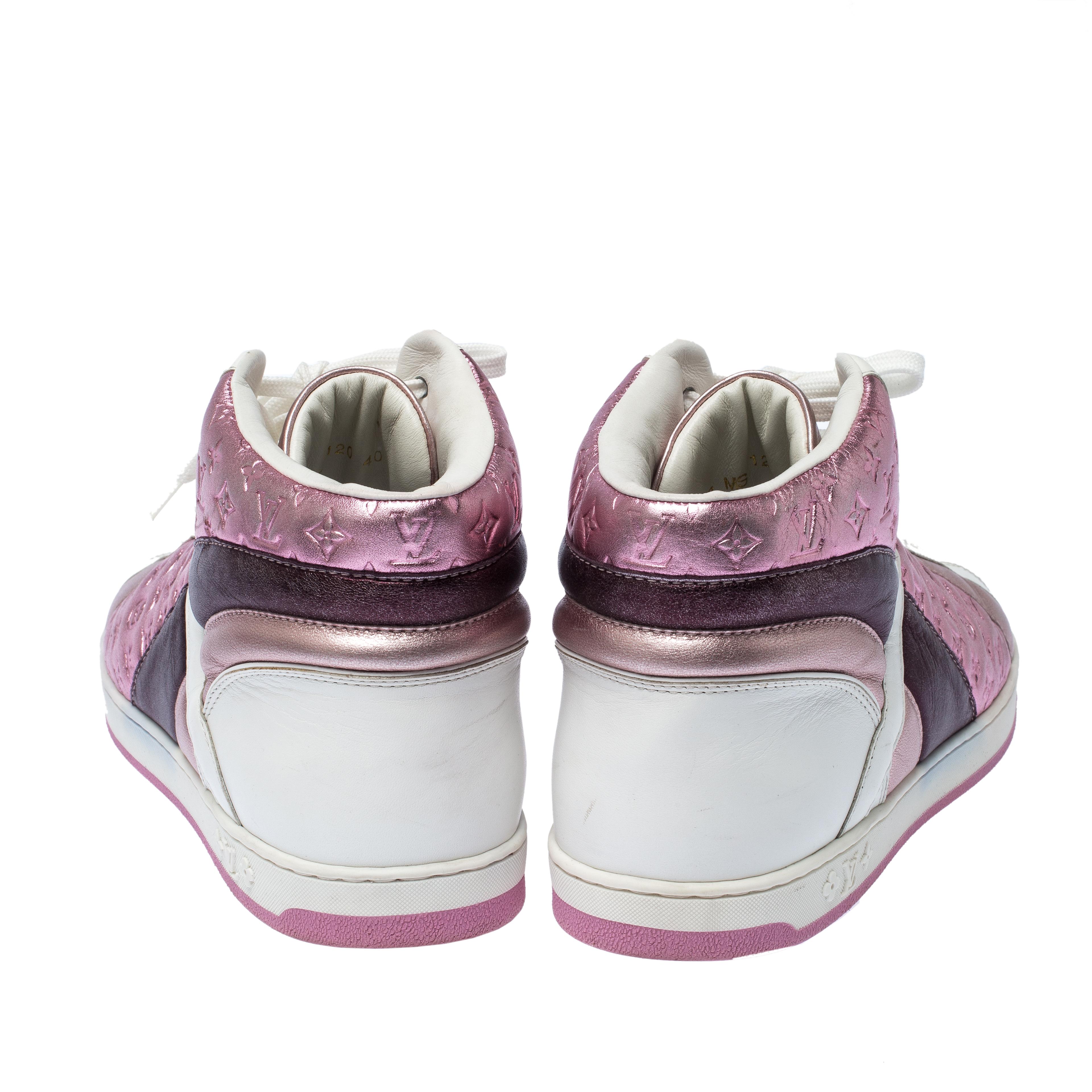 Women's Louis Vuitton Pink Metallic/White Monogram Leather Sydney High Top Sneakers Size