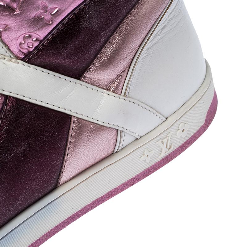 Louis Vuitton Pink Metallic/White Monogram Leather Sydney High Top Sneakers Size 1