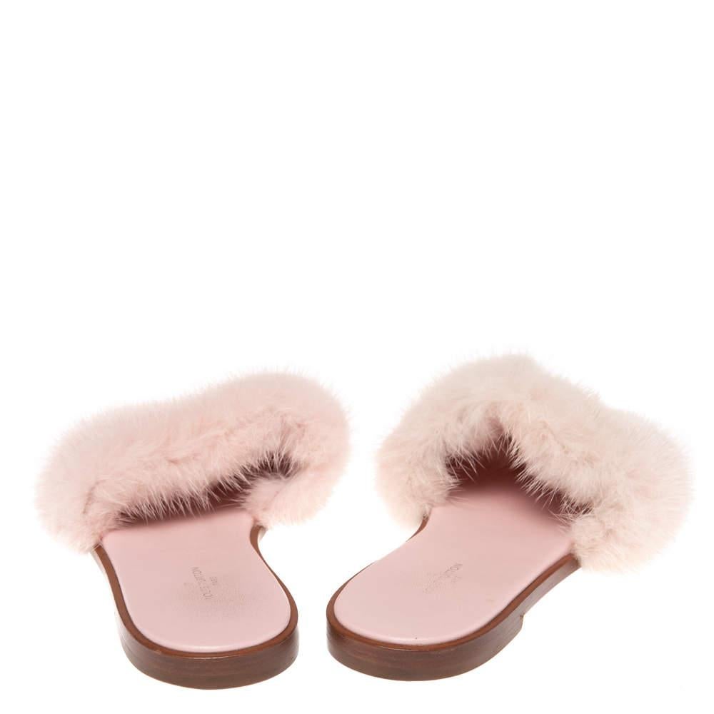 Women's Louis Vuitton Pink Mink Fur Lock It Flat Slides Size 36