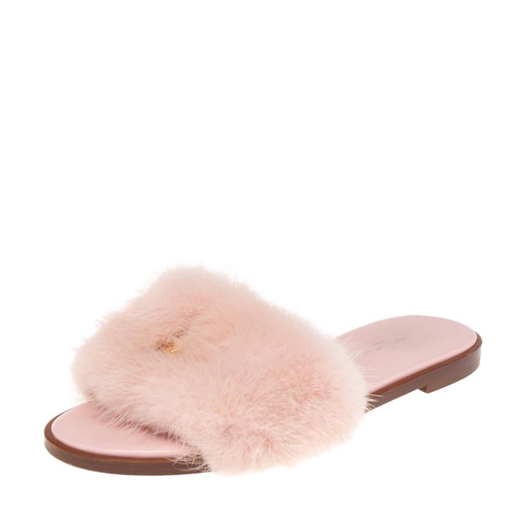 Louis Vuitton Pink Mink Fur Lock It Flat Slides Size 36 2