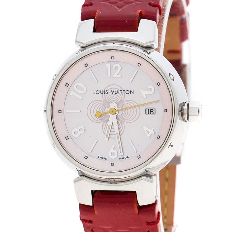 Louis Vuitton Pink Mother of Pearl Stainless Steel Tambour Q1216 Women&#39;s Wristwa For Sale at 1stdibs
