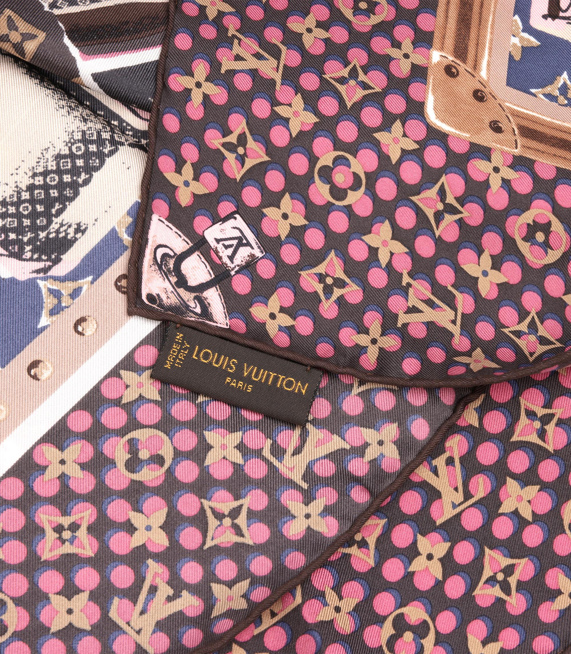 Louis Vuitton Pink, Navy & Brown Monogram Silk Wallpaper Scarf In Excellent Condition For Sale In Bishop's Stortford, Hertfordshire