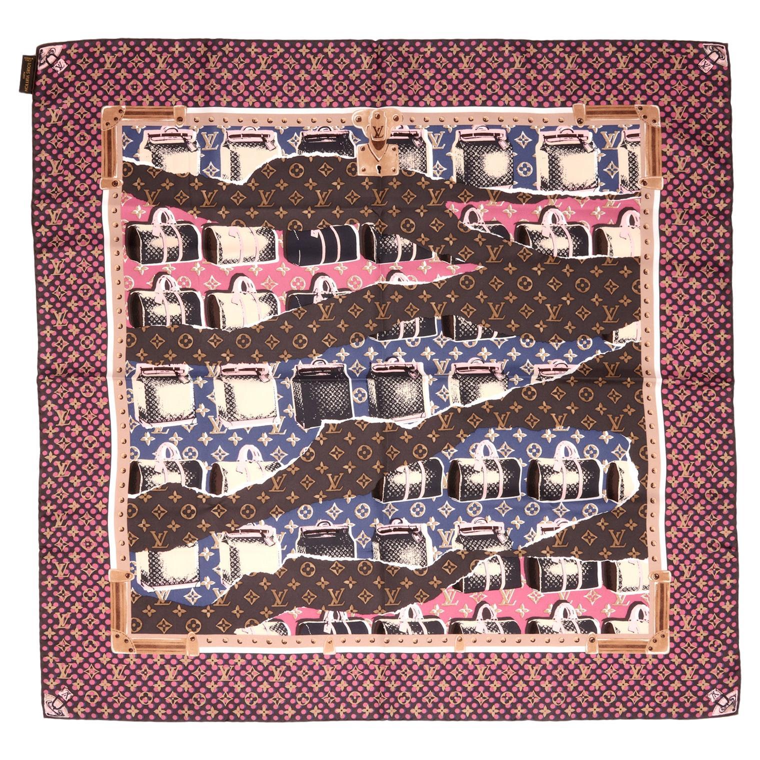 Louis Vuitton Pink, Navy & Brown Monogram Silk Wallpaper Scarf For Sale