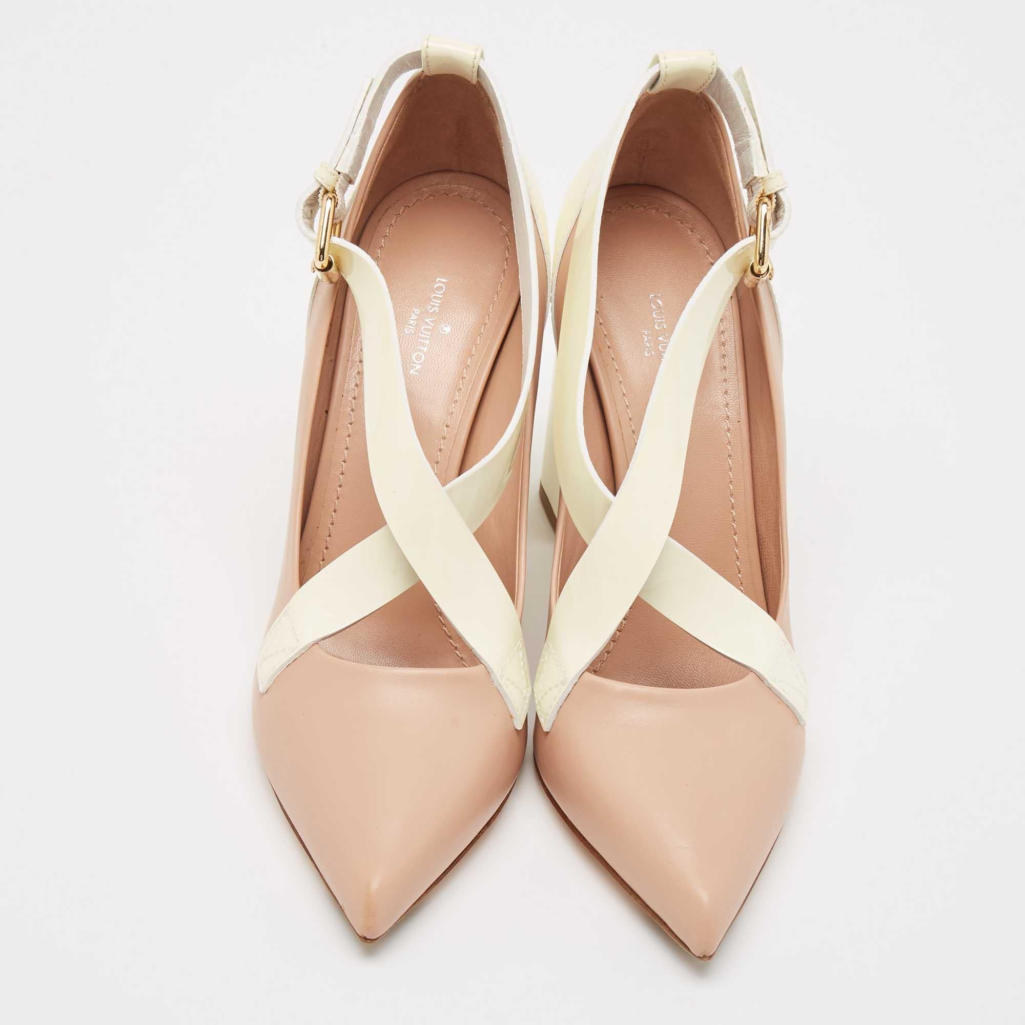 Louis Vuitton Pink/Off White Leather and Patent Matchmake Pumps Size 38.5 In Excellent Condition In Dubai, Al Qouz 2