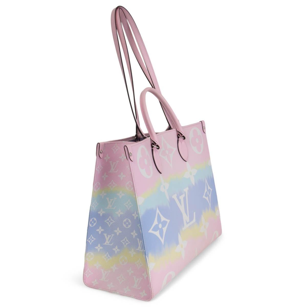 100% authentic Louis Vuitton OnTheGo GM Escale Tote Monogram Giant pastel pink, lilac, blue, yellow and white  coated canvas. Lined in lilac canvas with one zipper pocket and two patch pockets. Brand new. 

Measurements
Height	32cm