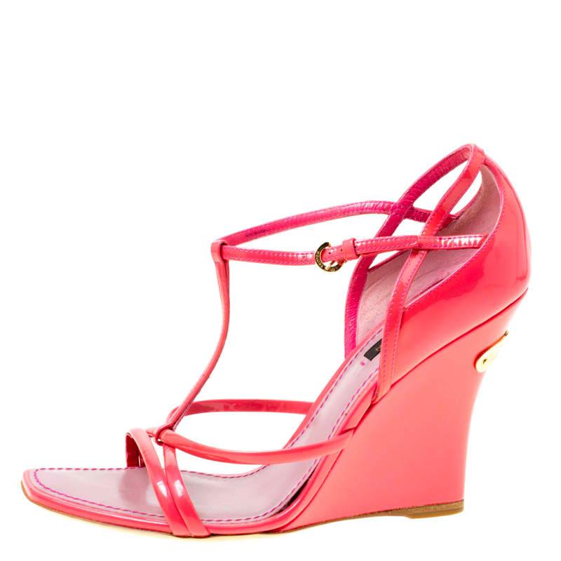 Women's Louis Vuitton Pink Patent Leather Ankle Strap Square Toe Wedge Sandals Size 36.5