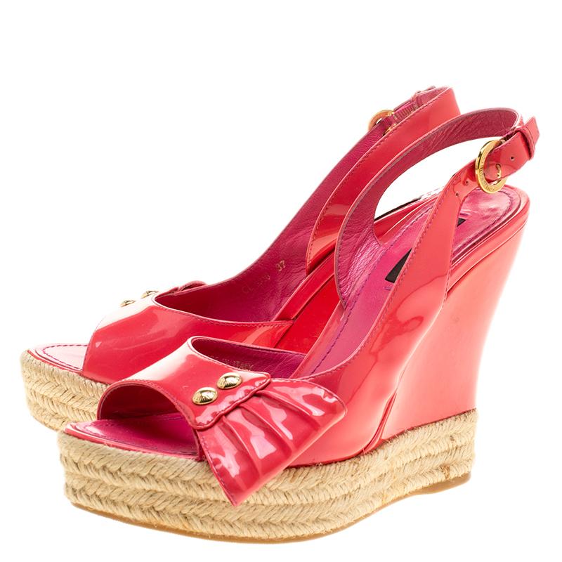 Louis Vuitton Pink Patent Leather Peep Toe Espadrille Wedge Slingback Sandals Si 1