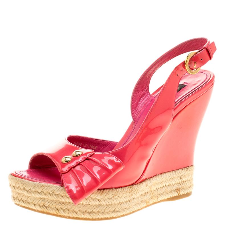 Louis Vuitton Pink Patent Leather Peep Toe Espadrille Wedge Slingback Sandals Si